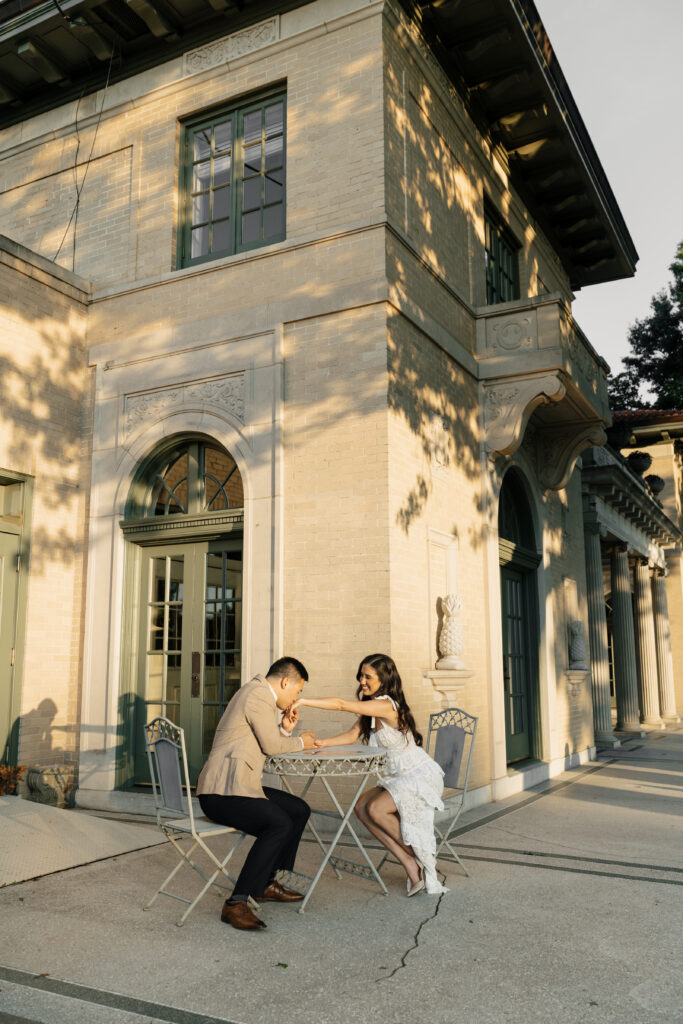 Classic engagement photos with European-inspired architecture at The Mansion at Woodward Park