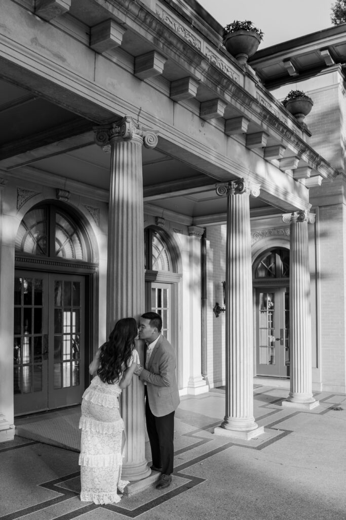Romantic portraits outside the historic Mansion at Woodward Park