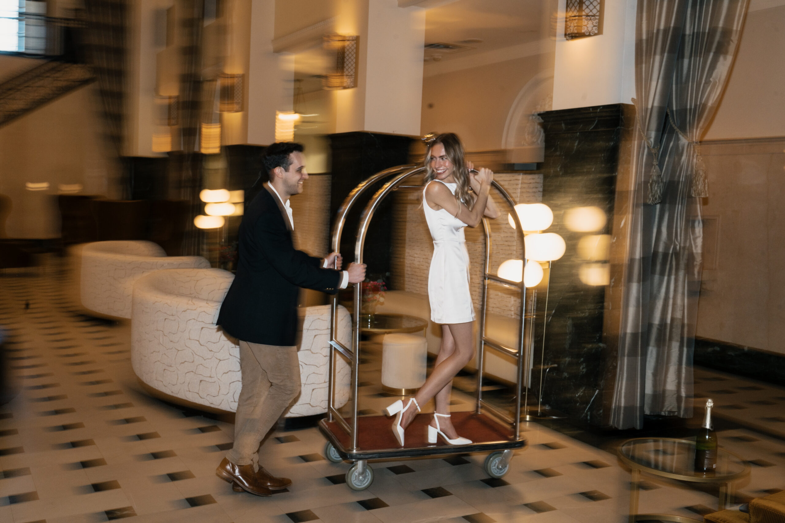 Luggage cart engagement photos
