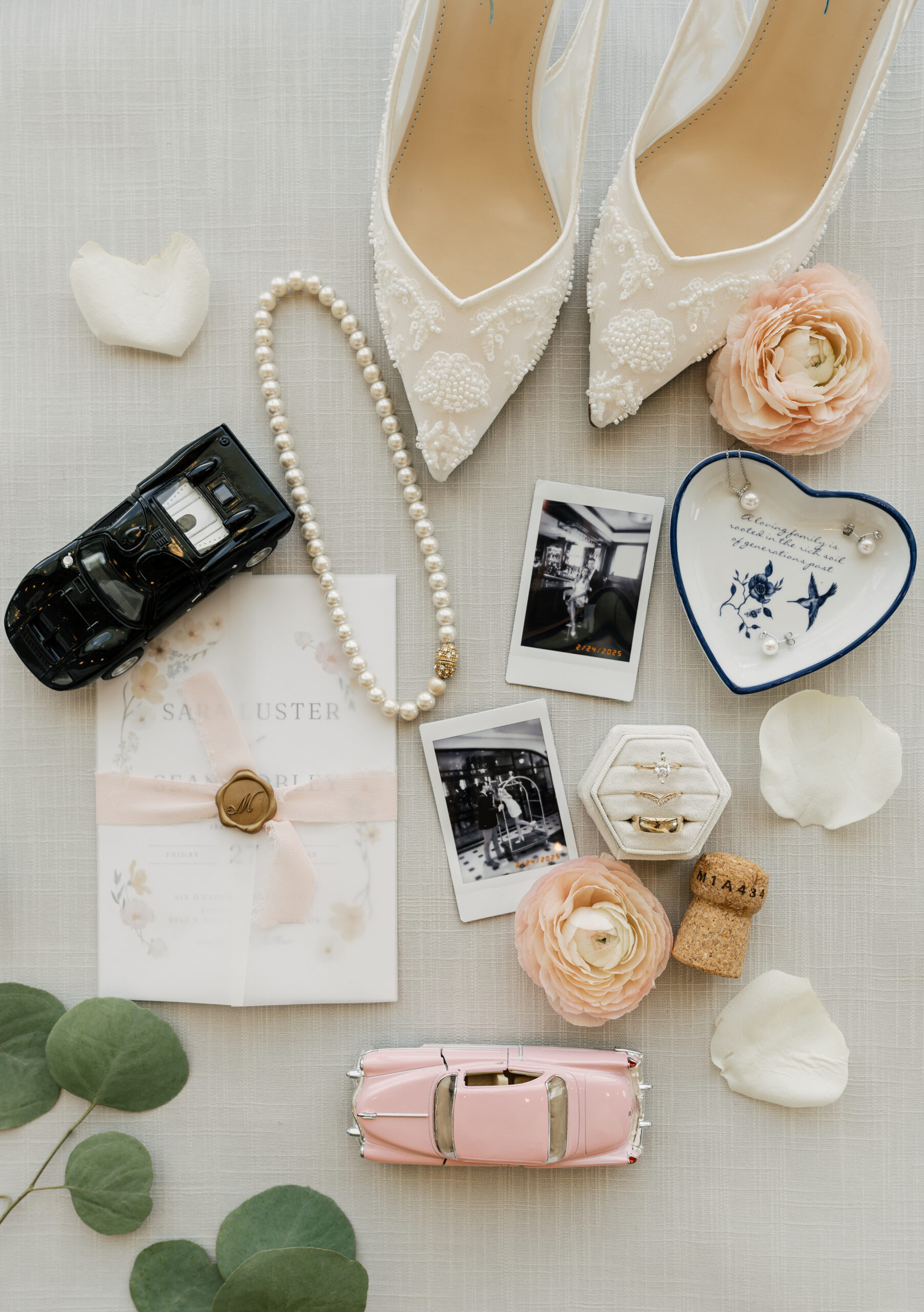 Bridal details photography including rings and florals
