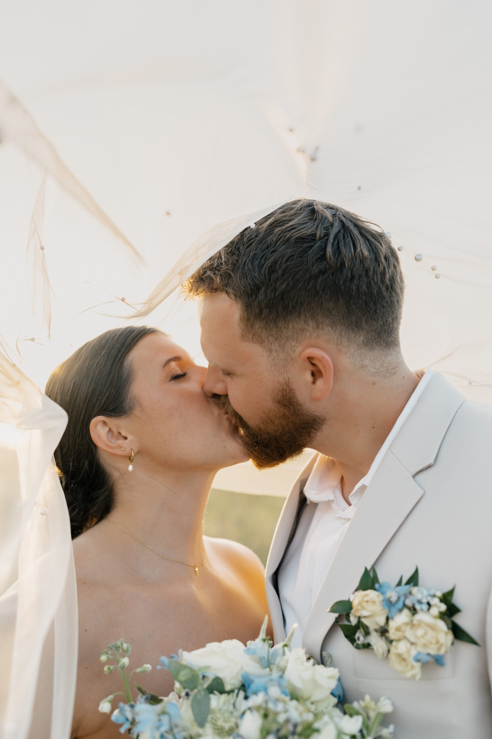 Bride and groom sharing a first look in front of The Gardenia wedding venue.