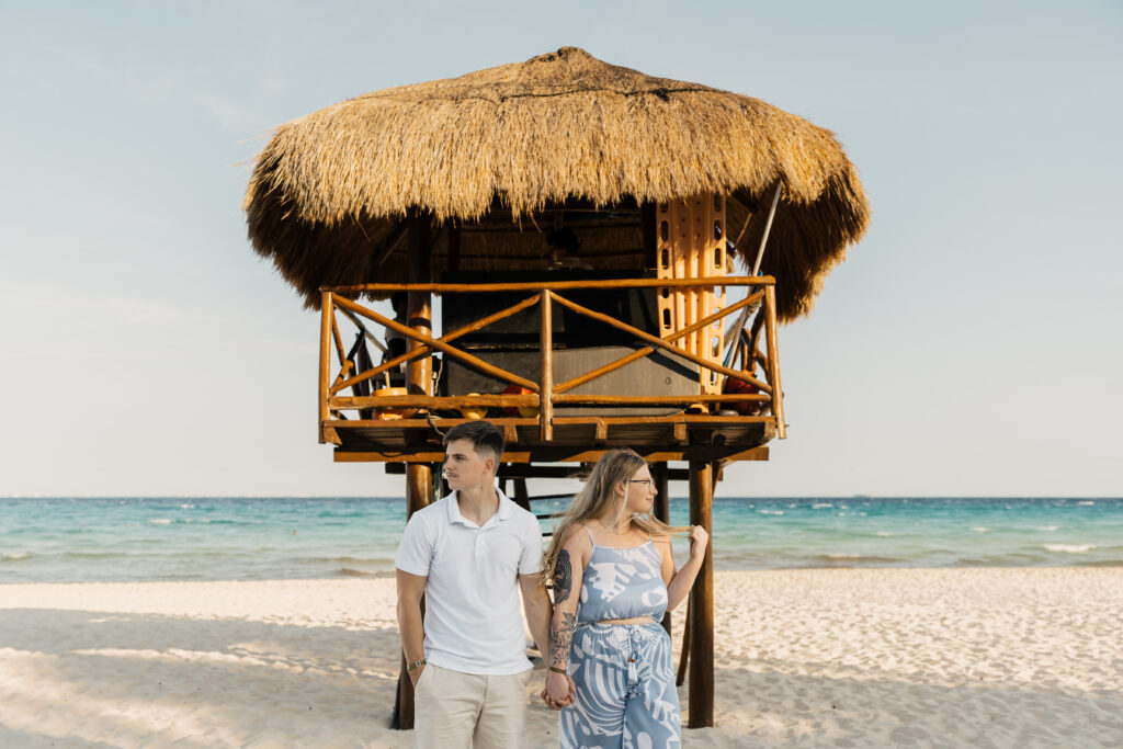 Romantic beach couples session at sunset in Mexico