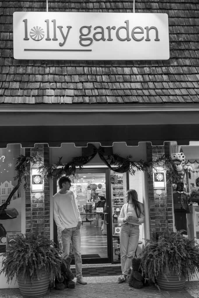 Holiday window display at Utica Square during Christmas photoshoot